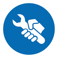 Icon: Hand greift Schraubenschlüssel auf blauem Hintergrund Icon: Hand greift Schraubenschlüssel auf blauem Hintergrund