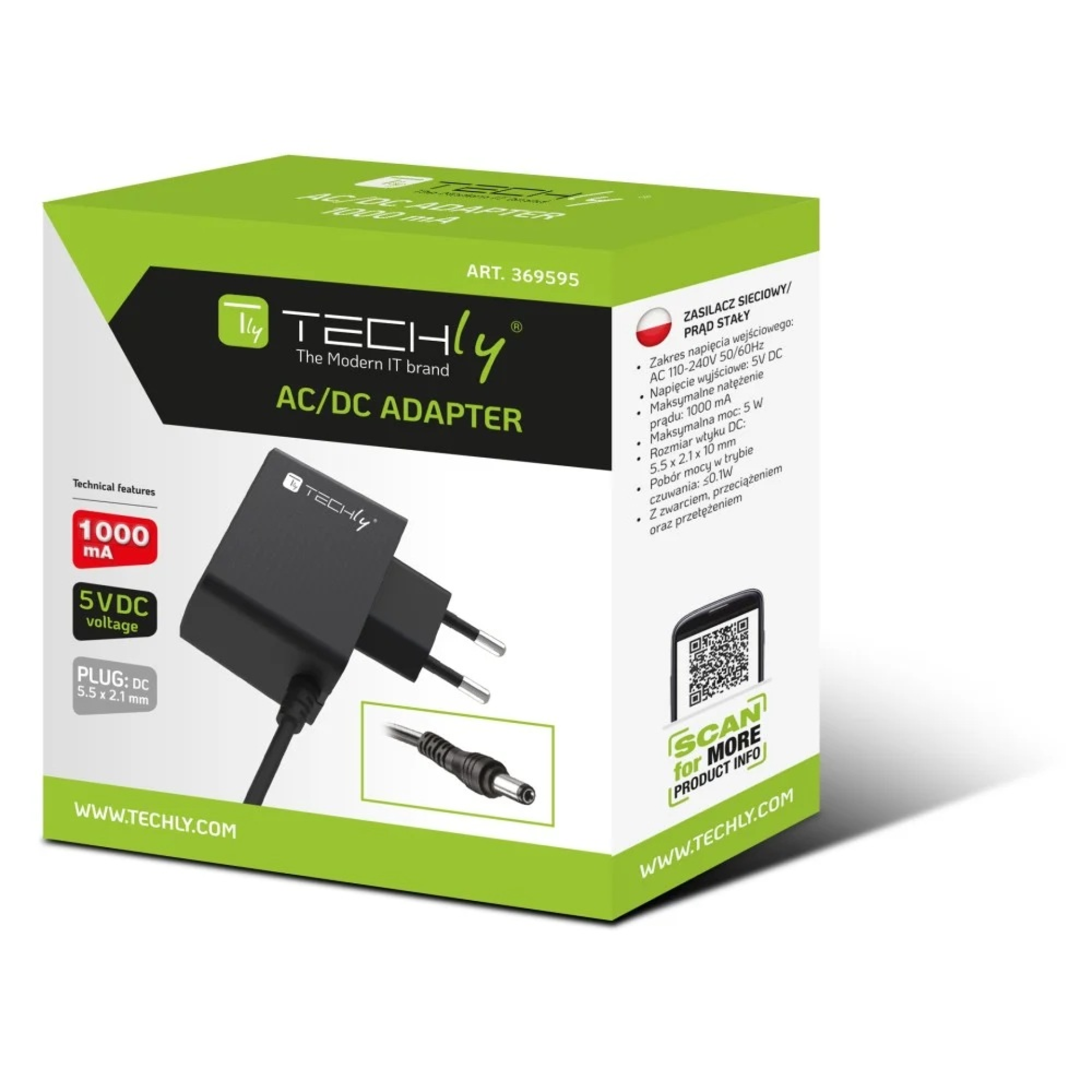 AC/DC Power Supply 5V 1A Plug 5.5x2.1mm Slim Black