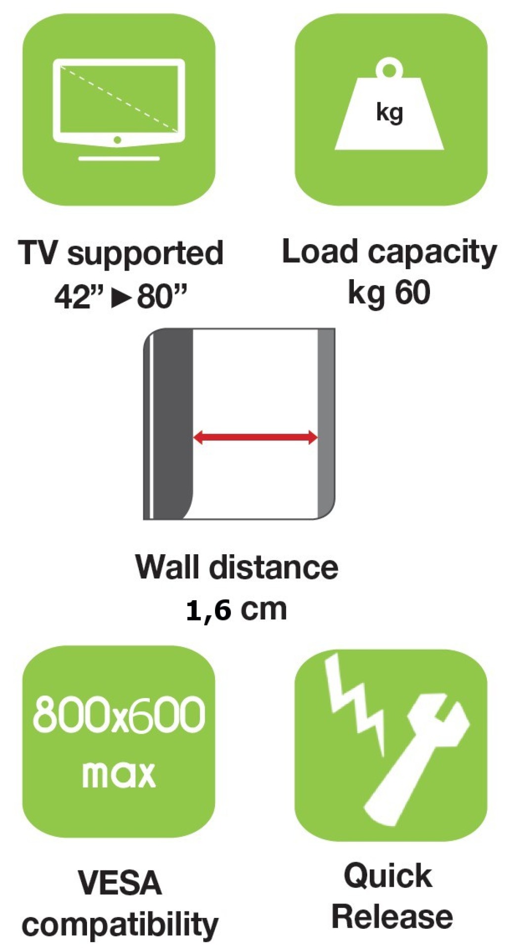 Wall support for LCD TV LED 42" - 80" slim fixed H600mm