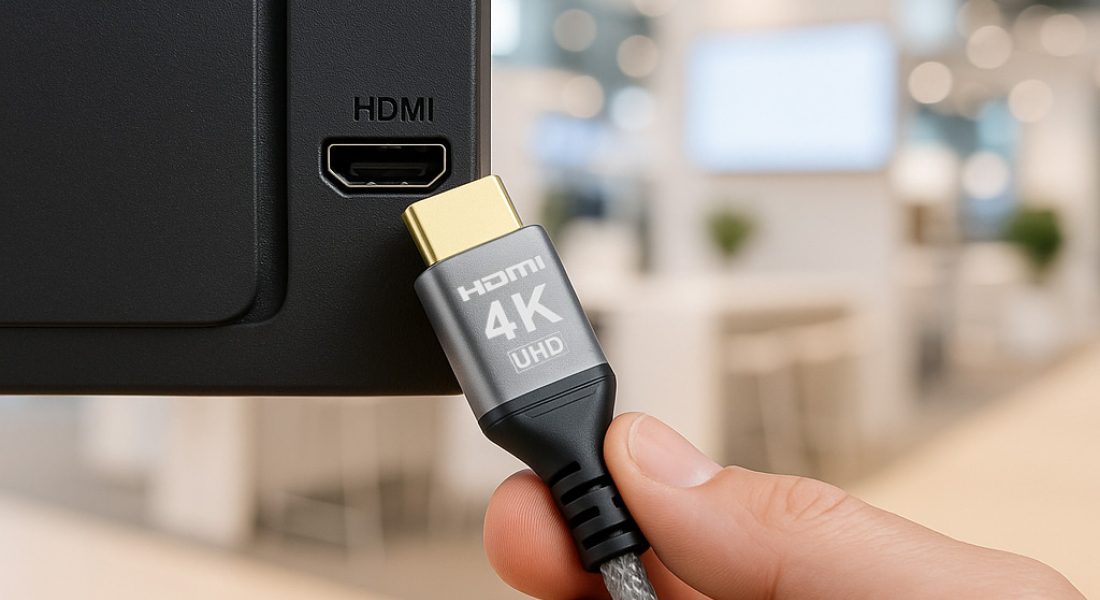 4K HDMI-Kabel wird an digitale Werbefläche angeschlossen – zuverlässige Verbindungslösung für brillante UHD-Displays im Verkaufsumfeld