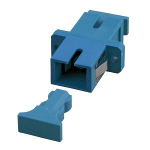 Blue simplex fiber optic coupling with protective cap removed. Blue simplex fiber optic coupling with protective cap removed.