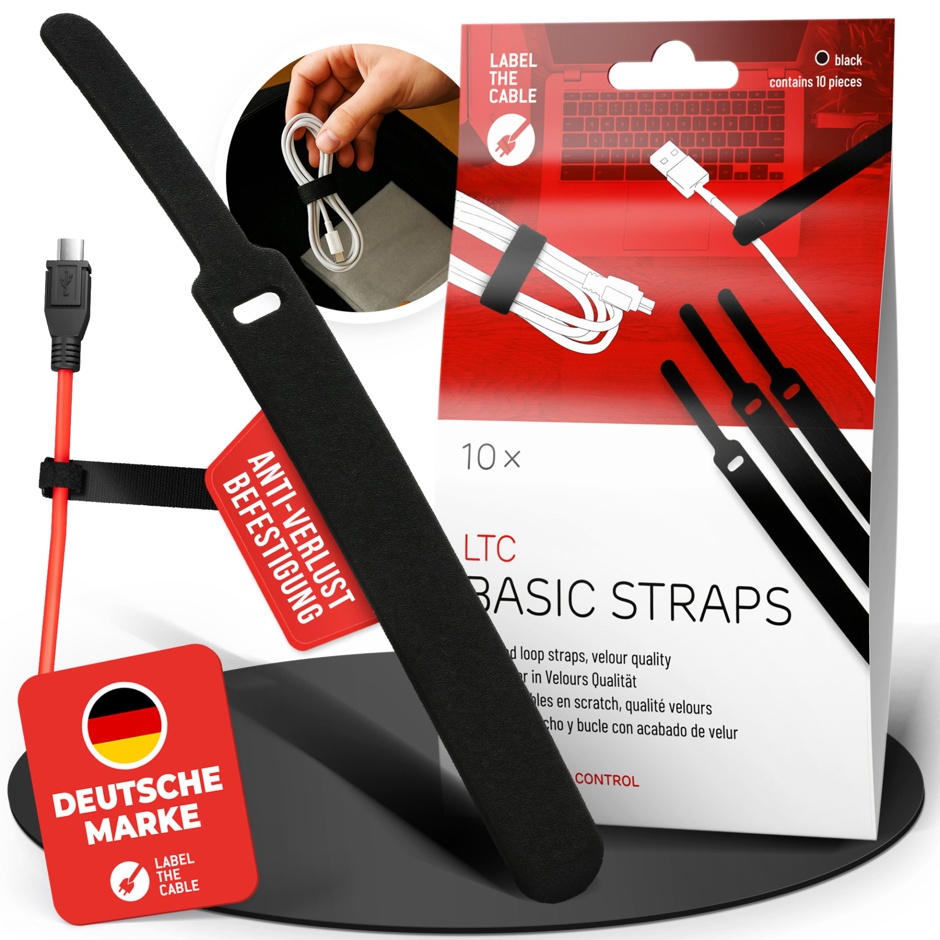 LTC BASIC STRAPS, Klettkabelbinder 10 Stück Set schwarz