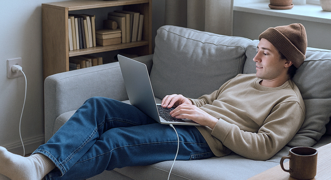 Laptop wird über langes USB-C-Kabel auf dem Sofa geladen – flexibles Arbeiten und zuverlässige Stromversorgung im Homeoffice Laptop wird über langes USB-C-Kabel auf dem Sofa geladen – flexibles Arbeiten und zuverlässige Stromversorgung im Homeoffice