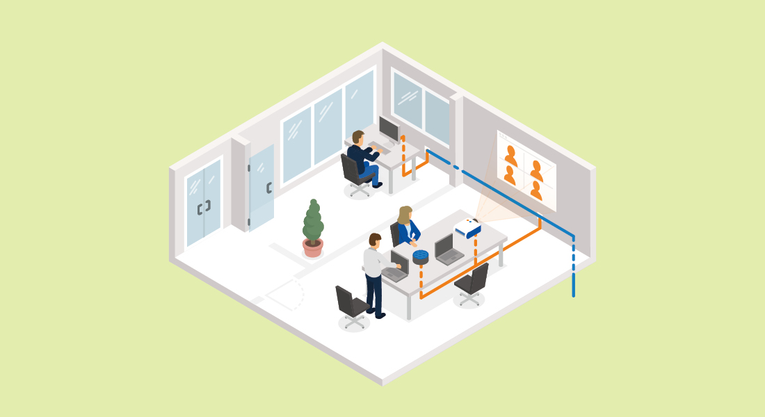 Modernes Büro, ausgestattet mit Kupferverkabelung für Netzwerkverbindungen. Zwei Personen arbeiten an Computern, die über orangefarbene Kabel vernetzt sind.