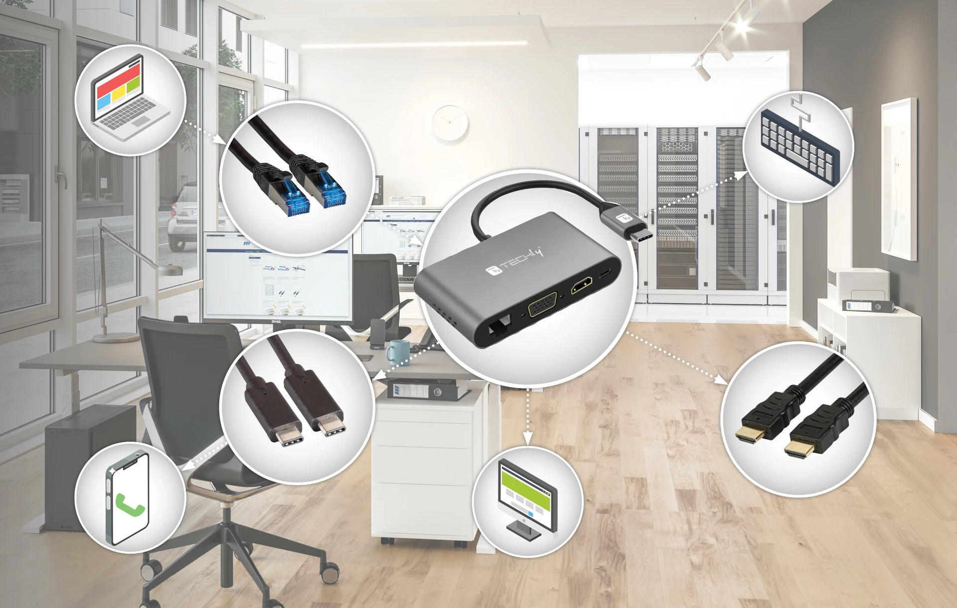 Infografik von EFB-Elektronik zeigt USB-C Multiport-Adapter mit Anschlüssen für HDMI, LAN, USB und Monitore im modernen Büro