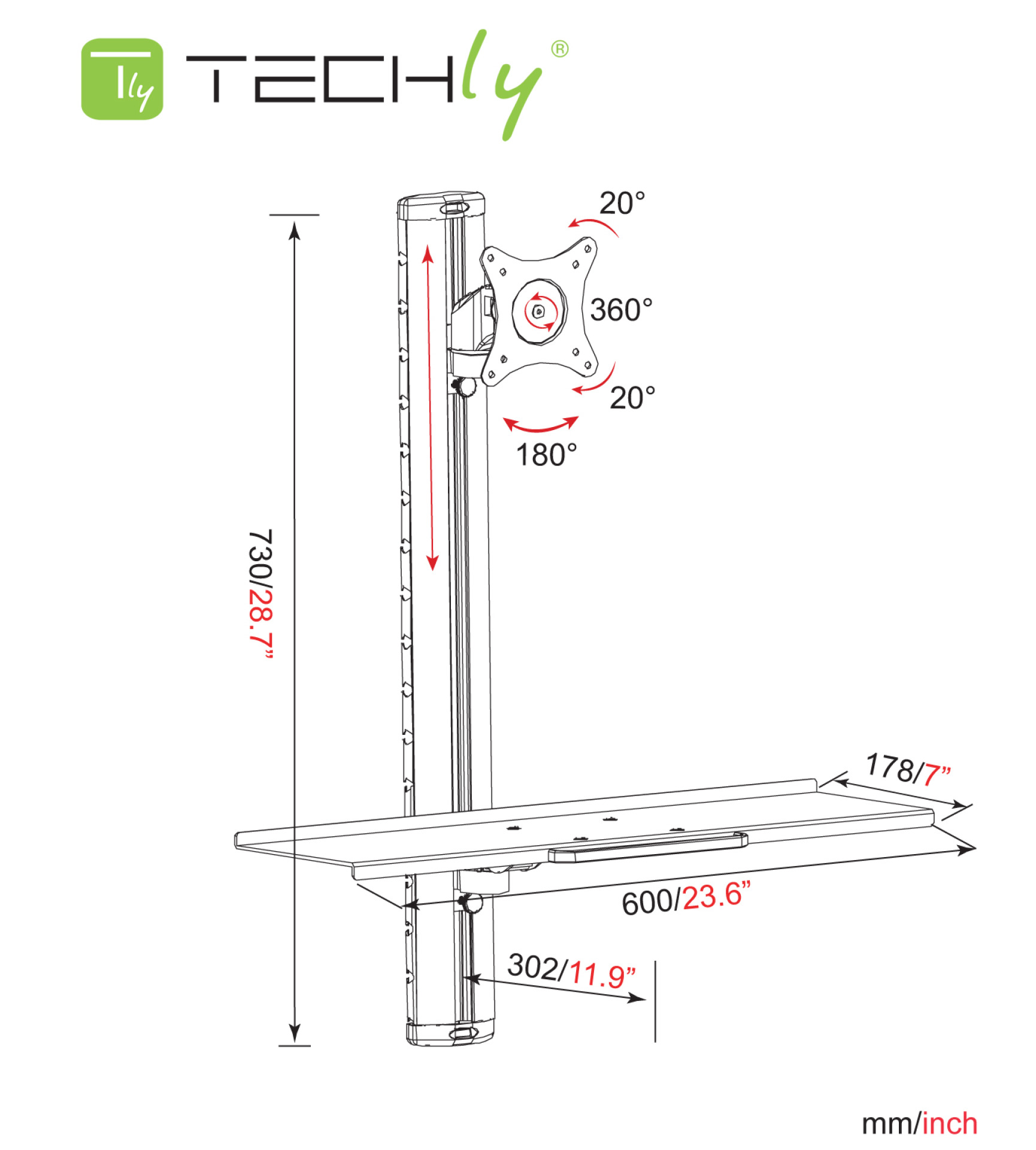 Wandhalterung für 1 Monitor 15"-27" mit Tastaturablage und Monitorarm