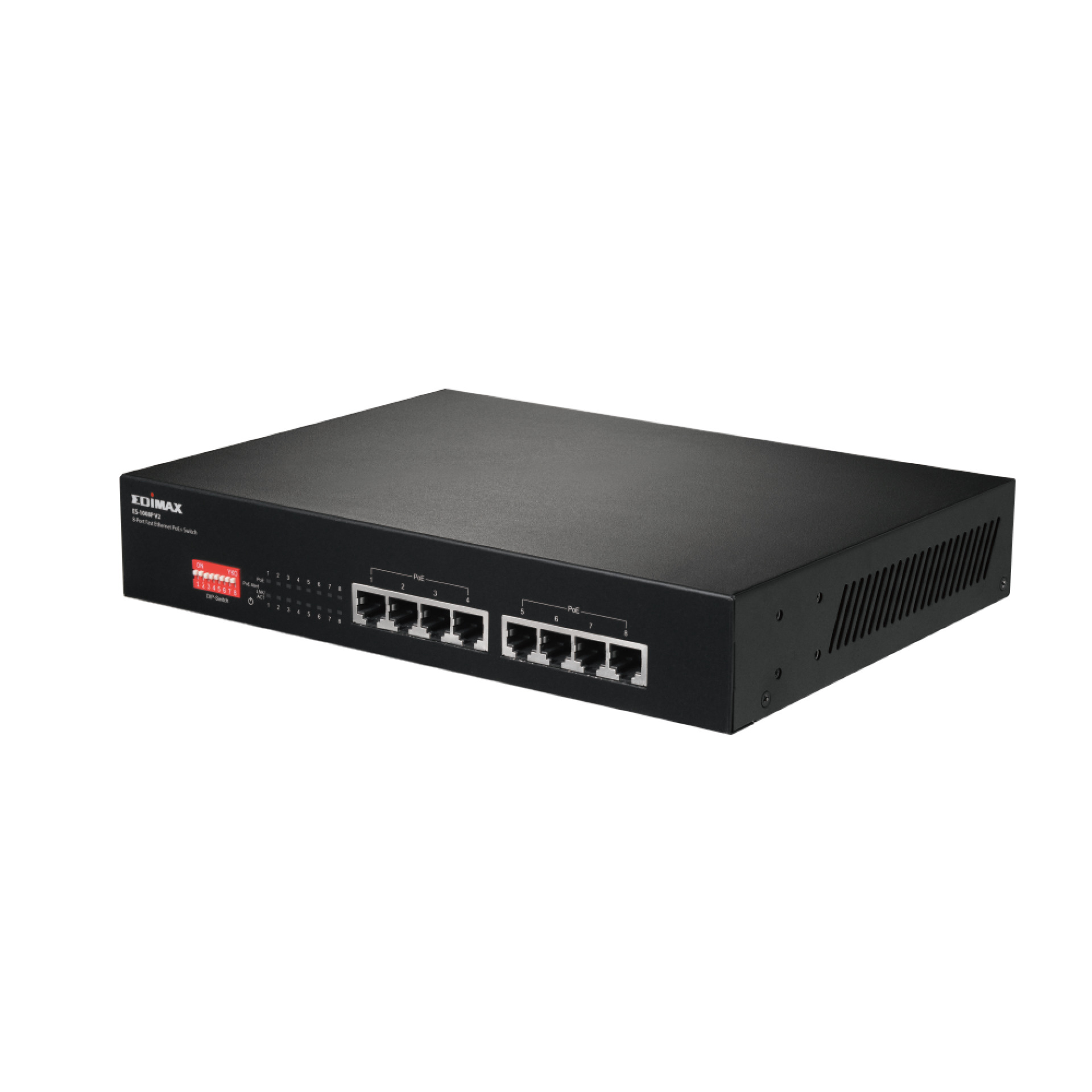 Fast Ethernet 8-Port Switch 8x PoE+ Ports, DIP Switch 130W ohne Lüfter