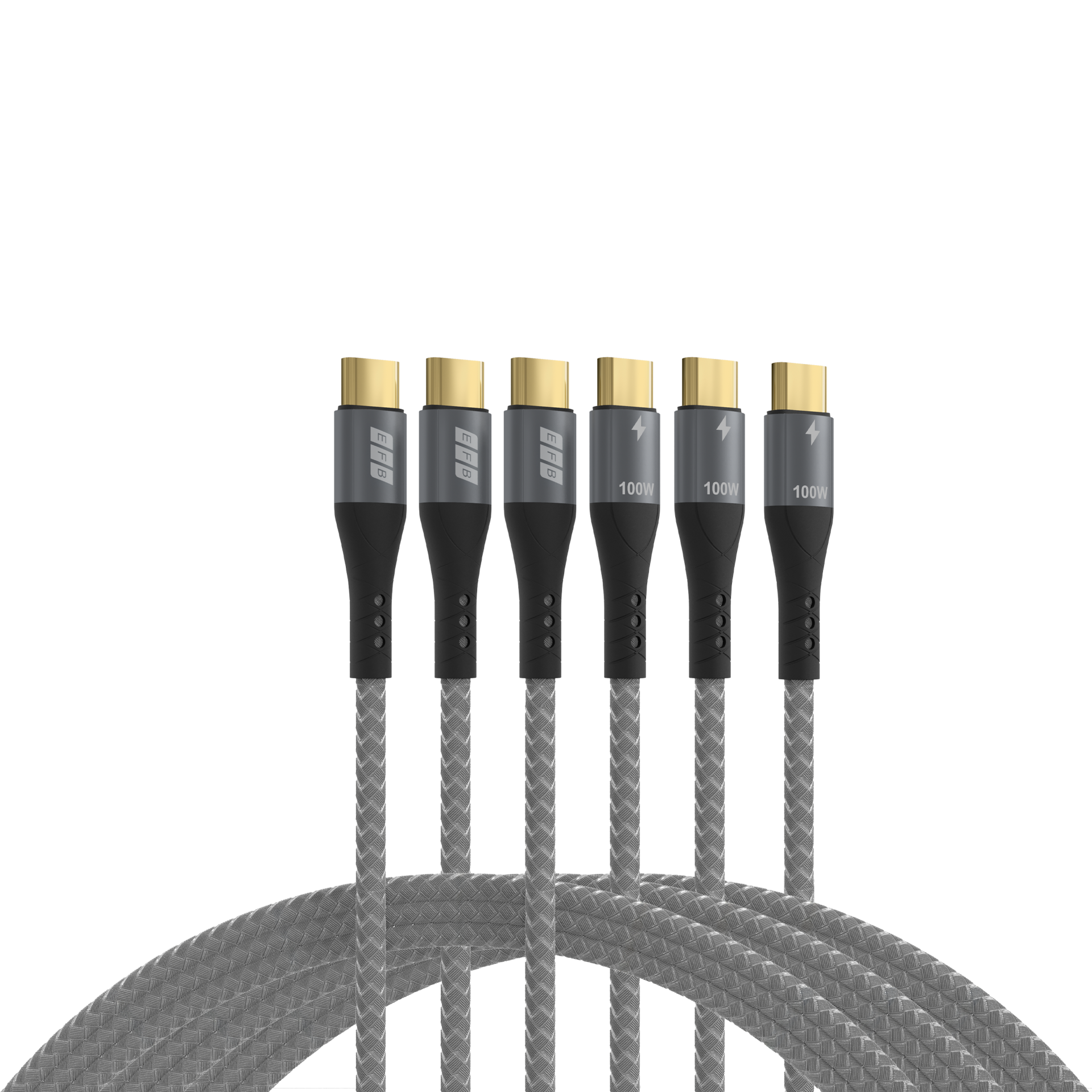 USB-C Kabelset 100W PD 3.0 5A E-Marker Chip 0,5m+1m+2m grau Goldkontakte Textil