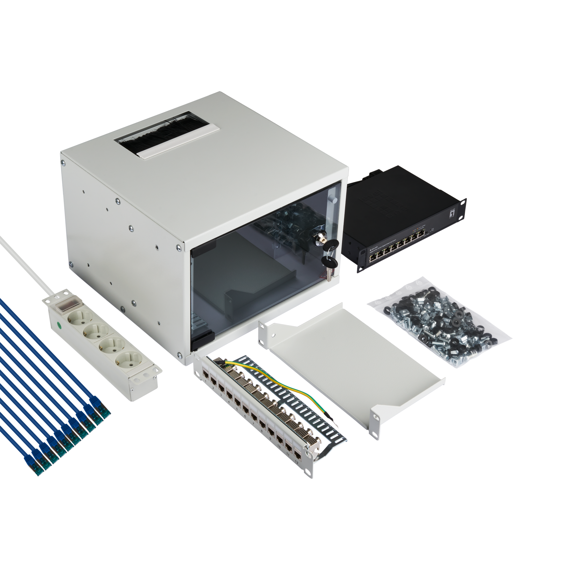 Set 10“ 4U wall housing grey RAL7035 including accessories for self-assembly