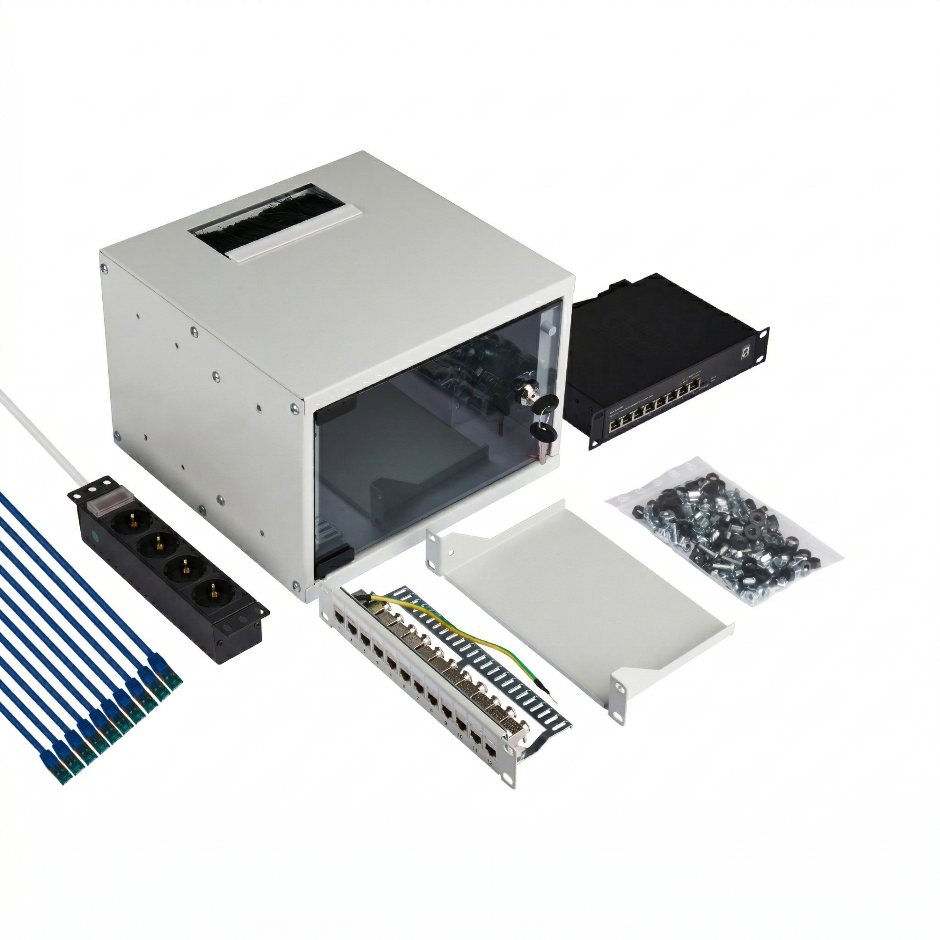 Set 10“ 4 HE Wandgehäuse grau RAL7035, inkl. Zubehör zur Selbstmontage