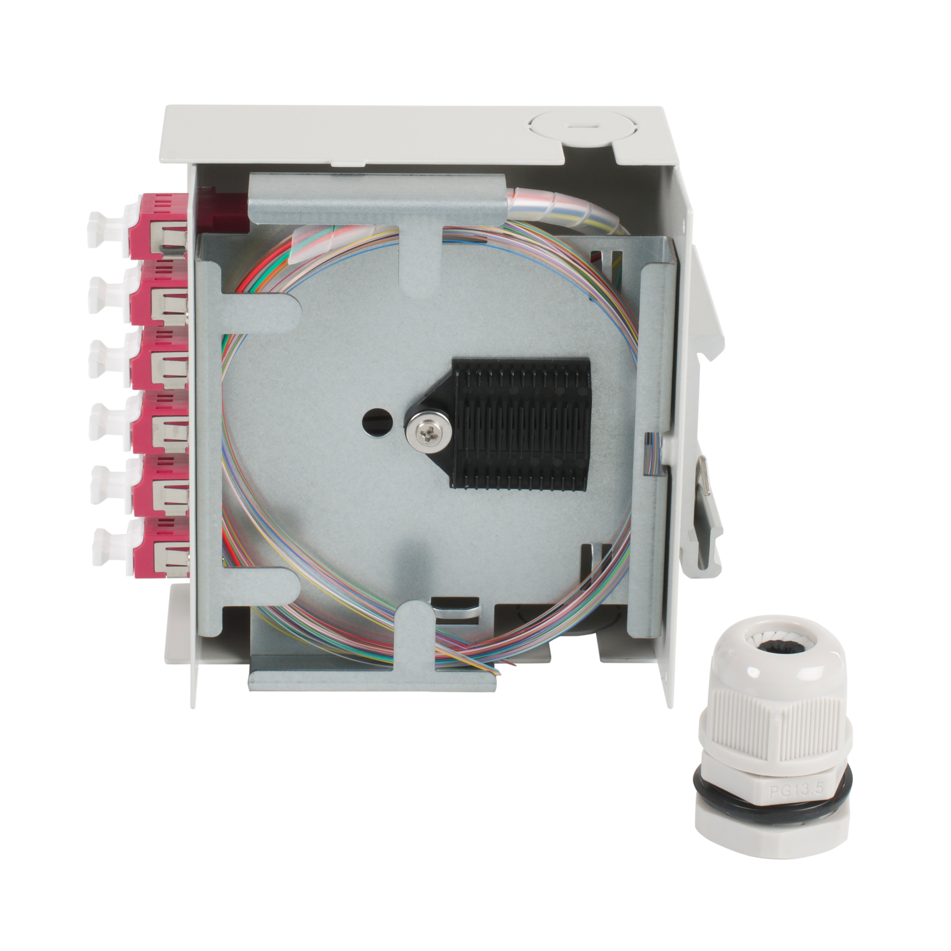 Hutschienenbox OM4 12xLC Pigtail abgesetzt, 6x LC-Duplex Kupplung