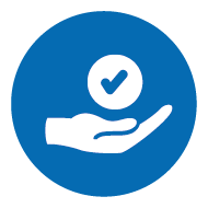 Icon: Checkmark über Hand auf blauem Hintergrund