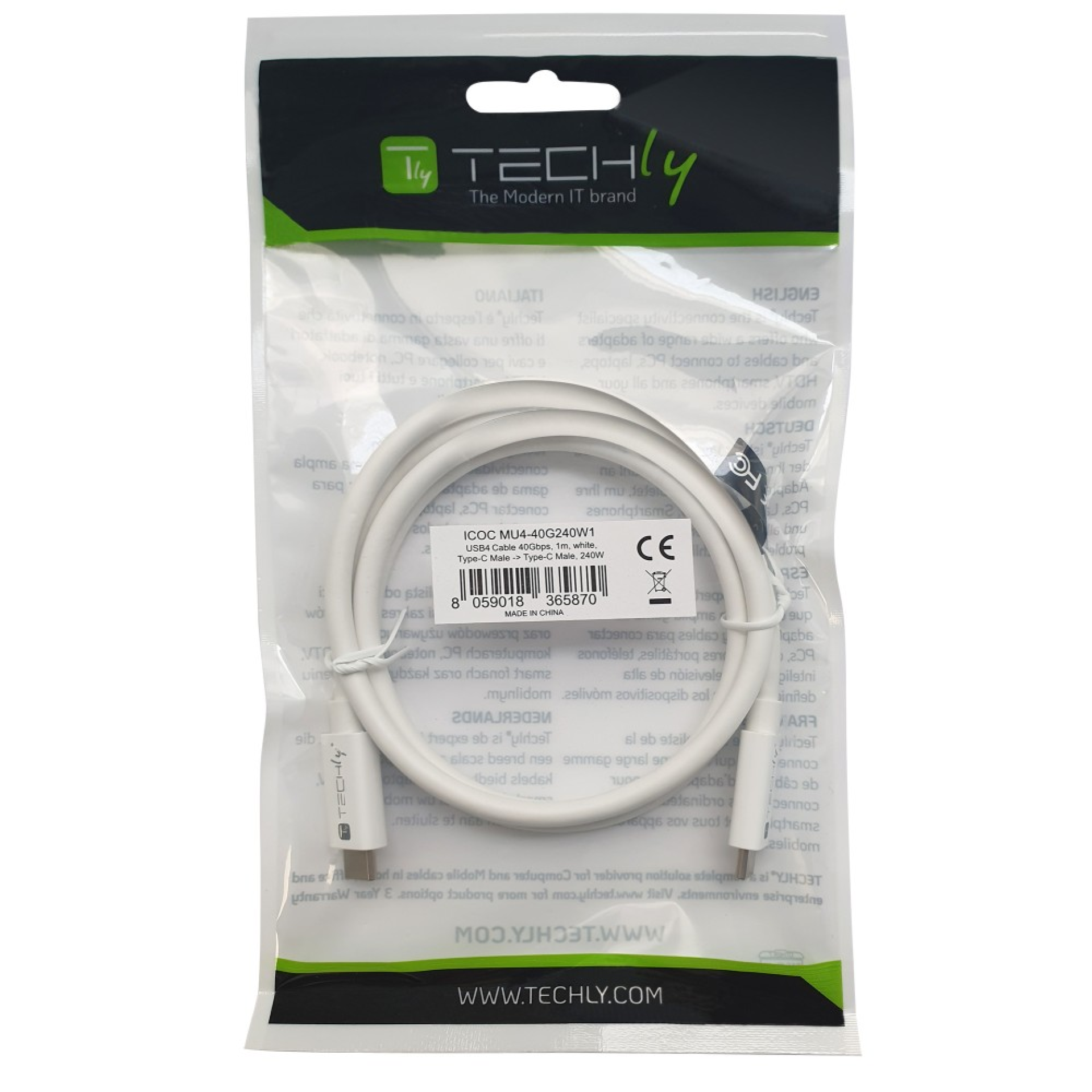 Techly USB4 Gen3 USB-C EPR cable 40G 240W 8K certified 1m white