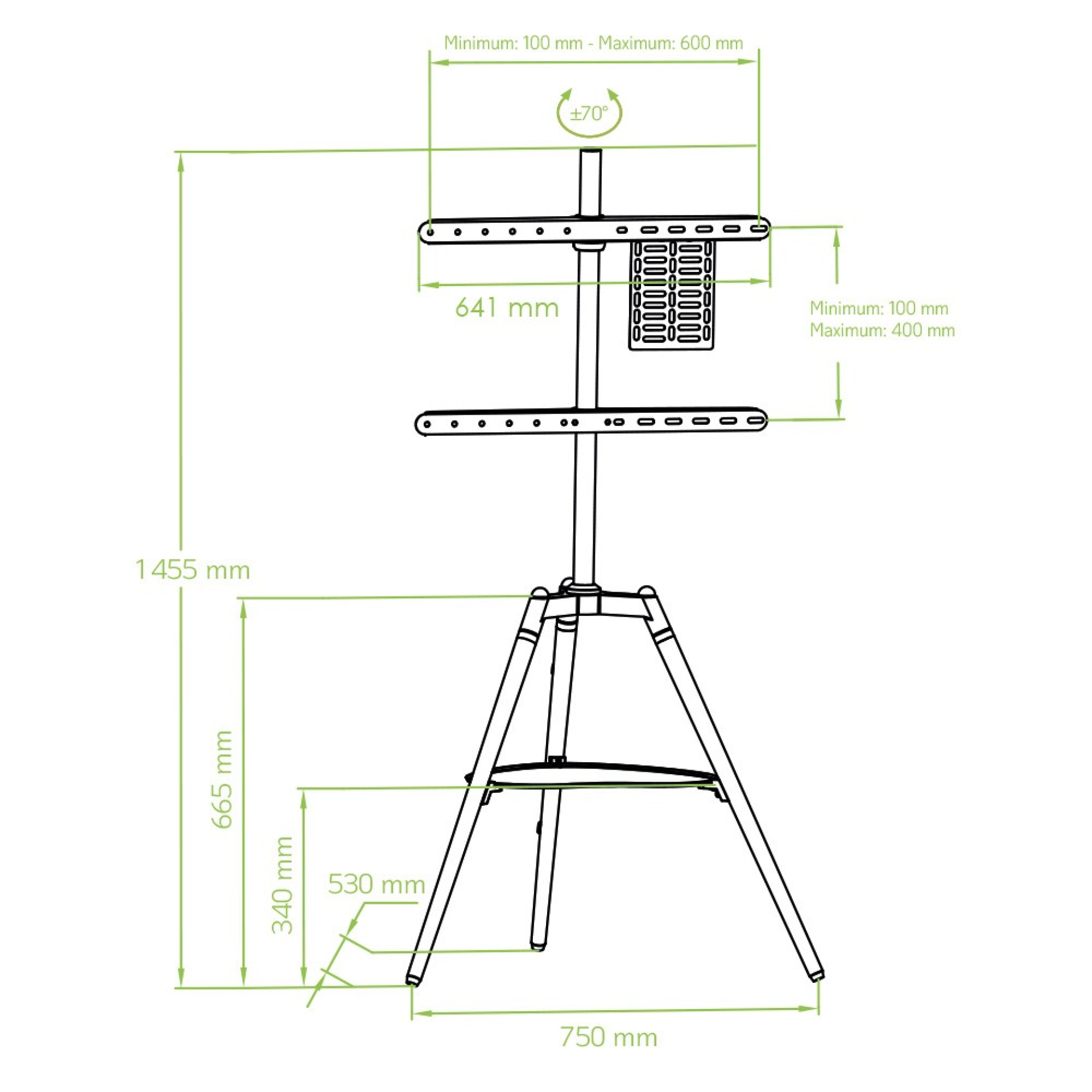 Stativ-Dreibein-Bodenständer für LCD/LED/Plasma-TV 32–65'' mit Ablage