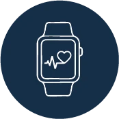 White line drawing of a smartwatch with a heart symbol and heart rate display on a dark blue, round background.