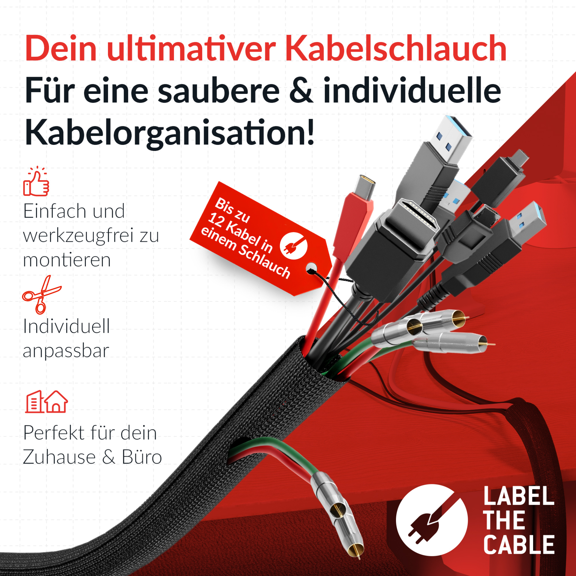 LTC CABLE TUBE, Gewebekabelschlauch Durchmesser 2,5 - 4 cm 2m schwarz