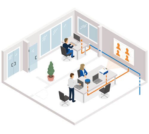 Modernes Büro, ausgestattet mit Kupferverkabelung für Netzwerkverbindungen. Zwei Personen arbeiten an Computern, die über orangefarbene Kabel vernetzt sind. Modernes Büro, ausgestattet mit Kupferverkabelung für Netzwerkverbindungen. Zwei Personen arbeiten an Computern, die über orangefarbene Kabel vernetzt sind.