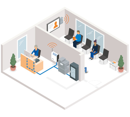 Modern reception environment with active network components. On the left, a person is working at a computer, connected by blue cables. In the background there is a waiting area with three people and an information screen.
