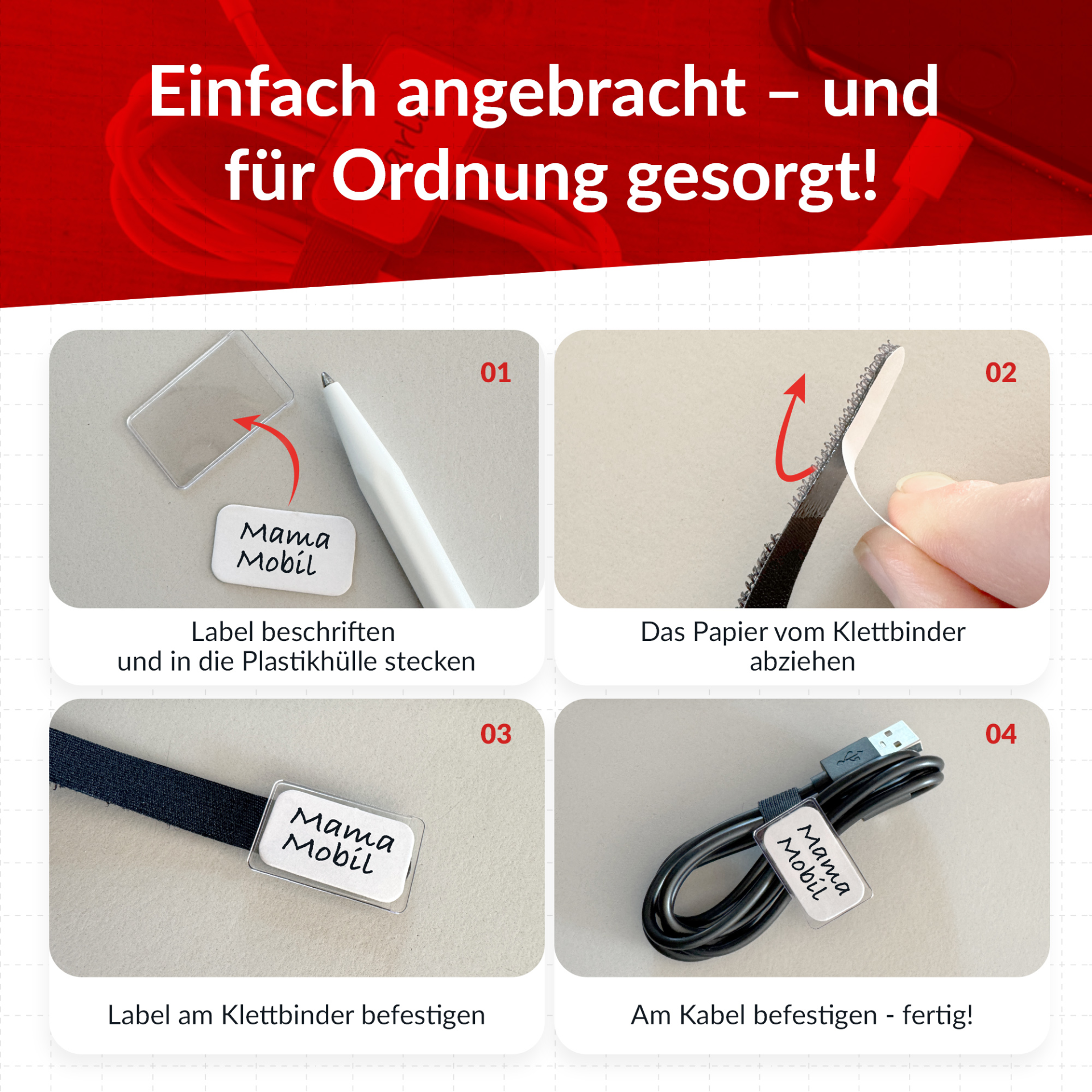 LTC MINI TAGS Kleine Klettkabelbinder mit Beschriftungstafeln 10 Stk Set schwarz