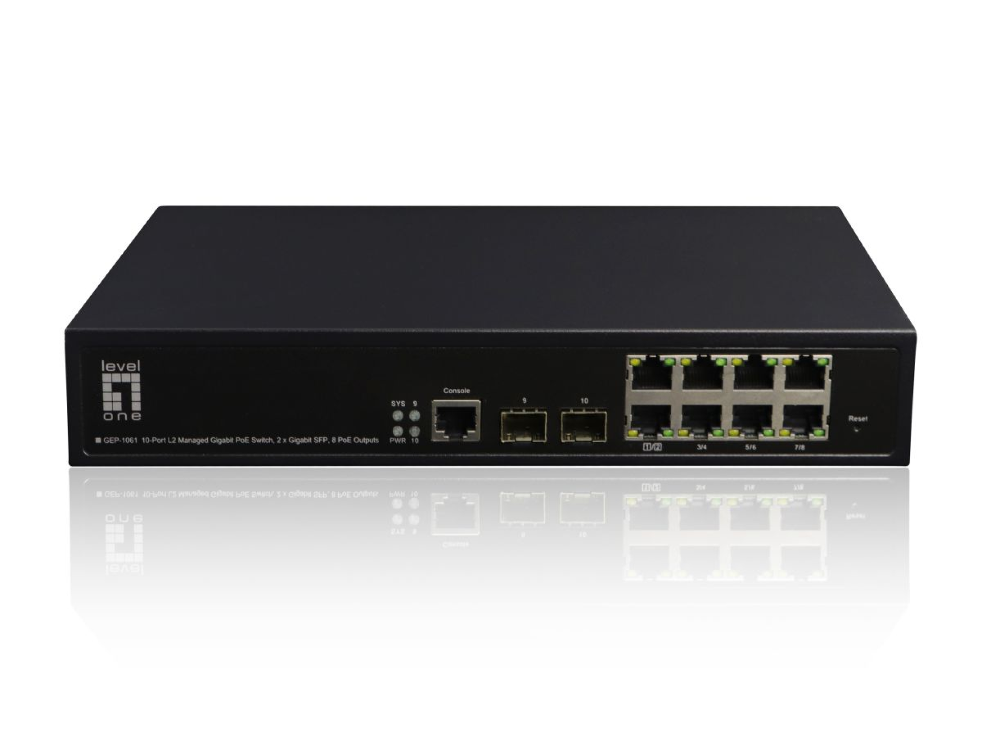 10-Port L2 Managed Gigabit PoE Switch, 2x Gigabit SFP; 8 PoE-Ausgänge, 180W