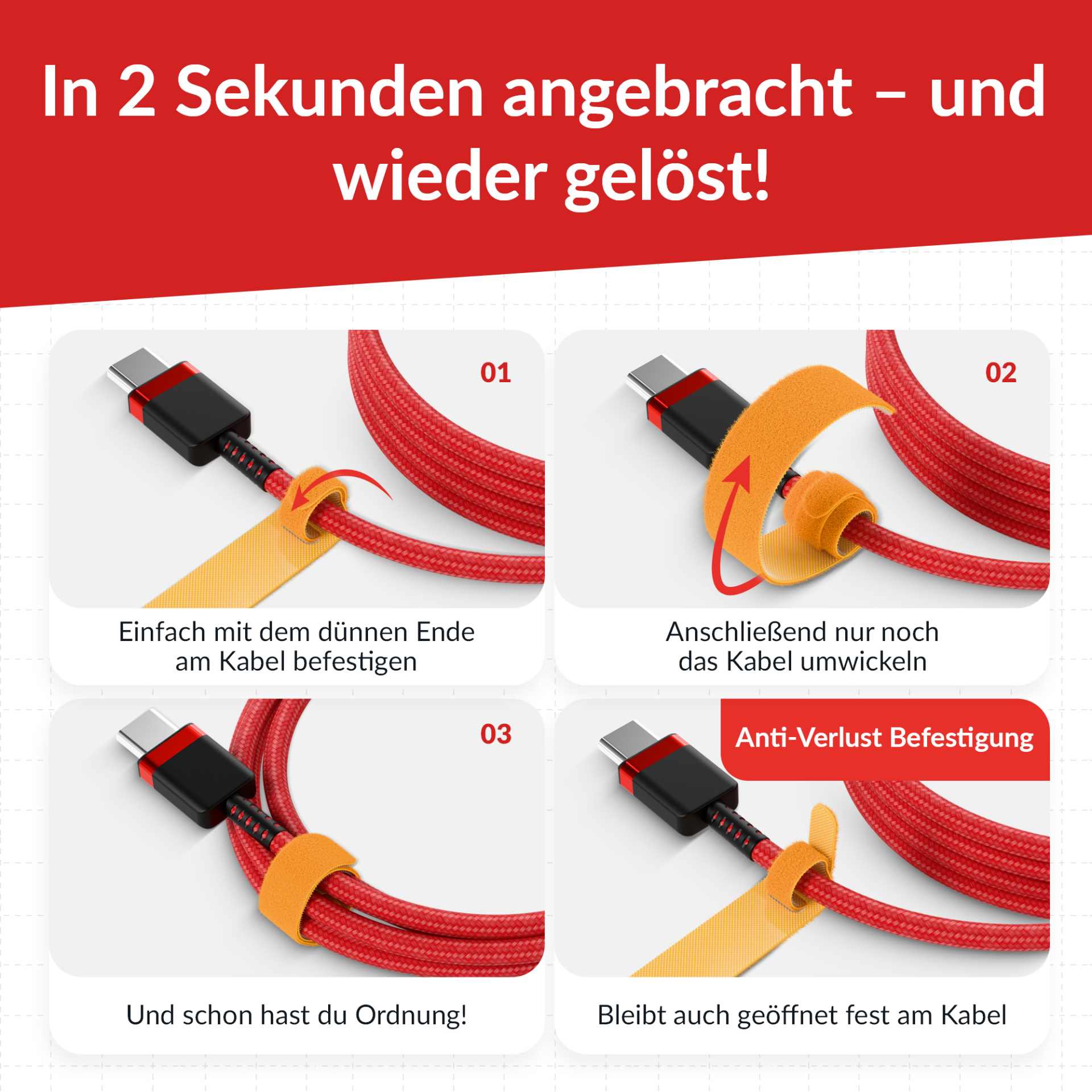 LTC BASIC STRAPS, Klettkabelbinder 10 Stück Set gelb/blau/rot