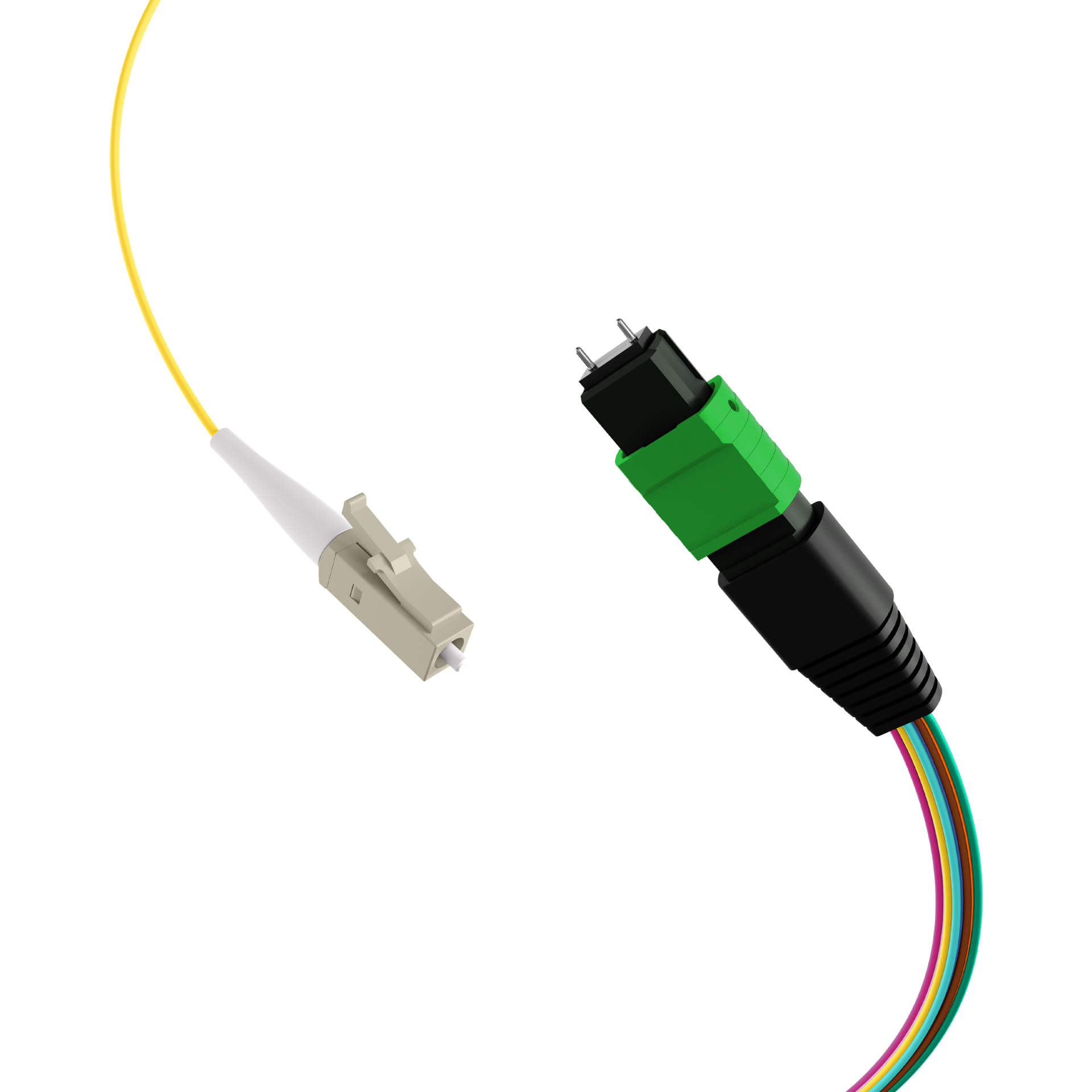 MTP®/APC(M)-LC/APC Fanout cable OS2 12 fibers Typ B LSZH yellow 0,4m