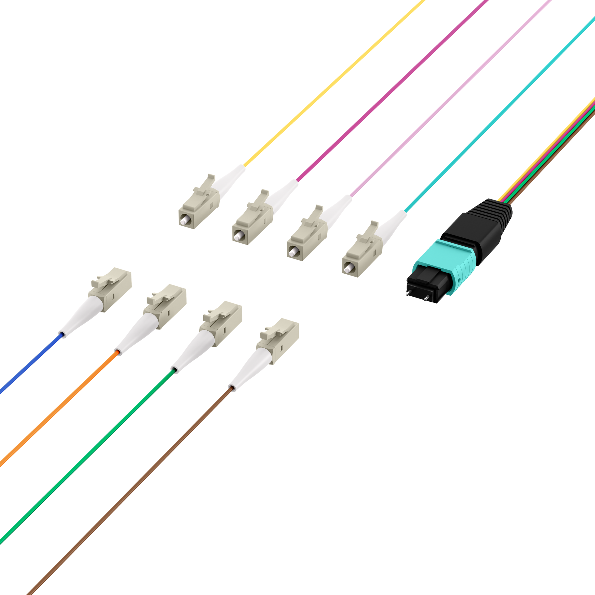 MTP®(M)-LC Fanout cable OM3 8 fibers Typ B LSZH aqua 0,4m