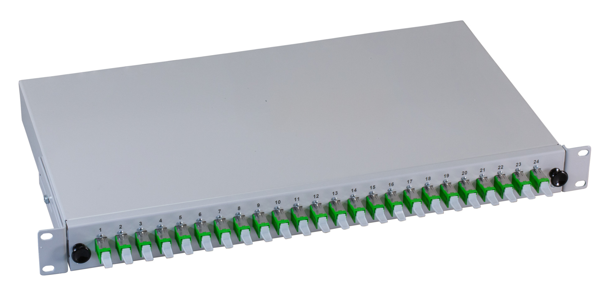 Spleißbox sw E2000®-APC 9/125µ OS2 ausziehbar 24 Pigtails/24 Kuppl.