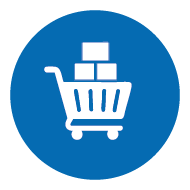 Weißes Warenkorb-Symbol auf blauem Kreis für den Einkauf im Online-Shop