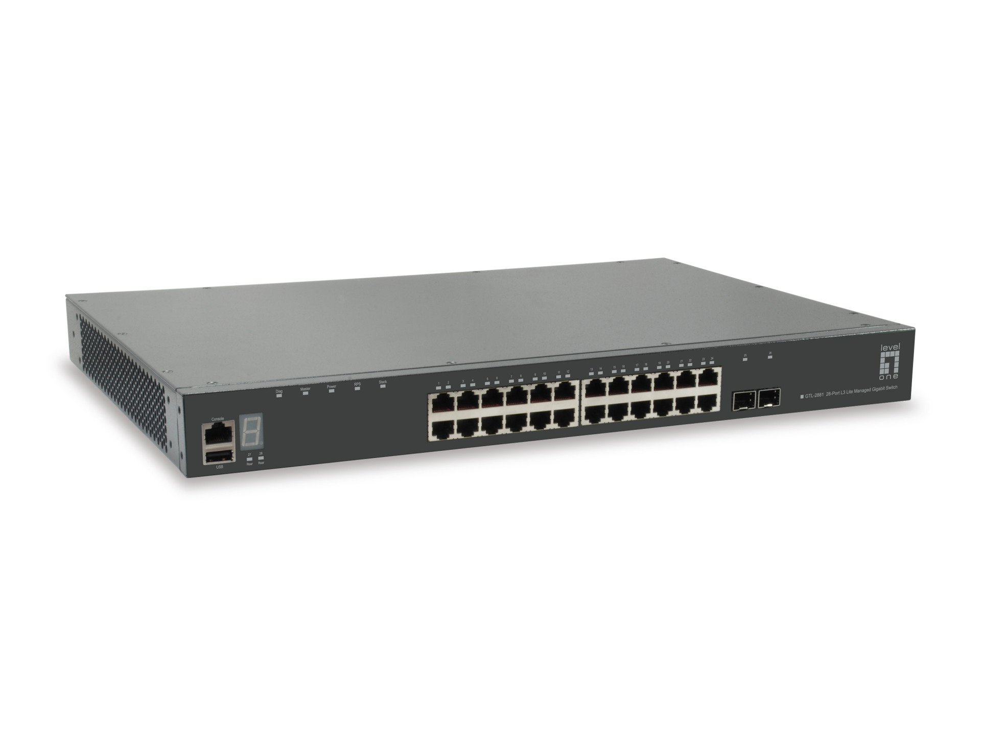 28-Port Stackable L3 Lite Managed GE Switch, 2x 10G SFP+, 1x 10G module slot