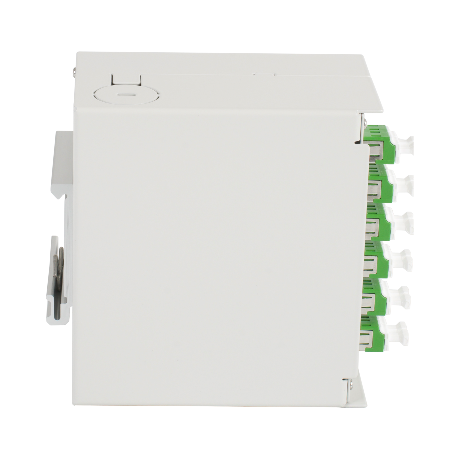 Hutschienenbox OS2 G652D 12xLC/APC Pigtail abgesetzt, 6x LC/APC-Duplex Kupplung