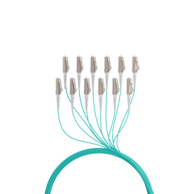 Aqua-farbene Glasfaser-Patchkabel mit 12 LC-Steckern, gebündelt für Highspeed-Datenübertragung in Netzwerken