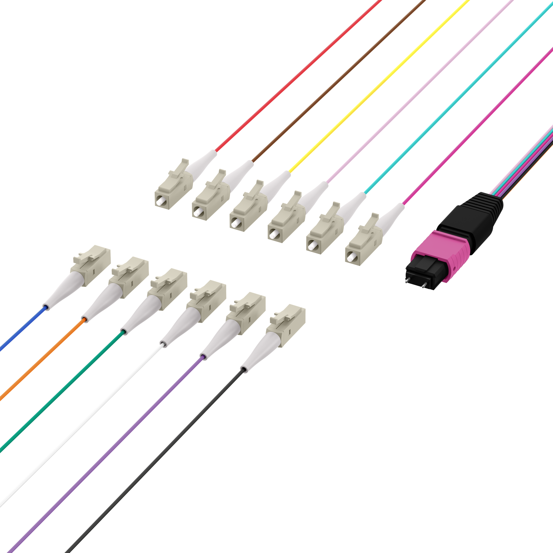 MTP®(M)-LC Fanout cable OM4 12 fibers Typ B LSZH erica-violet 0,4m