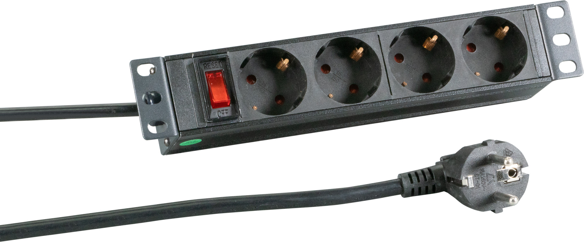 10“ 1HE Steckdosenleiste 4 x CEE 7/3 mit Schalter, im Aluprofil, schwarz