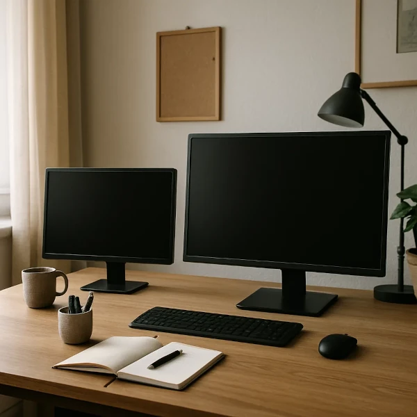 Moderner Arbeitsplatz mit Dual-Monitor-Setup, Tastatur, Maus und Schreibtischlampe – Home Office Schreibtisch im minimalistischen Design