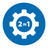 Icon: Zahnrad mit 2 in 1 Text auf blauem Hintergrund