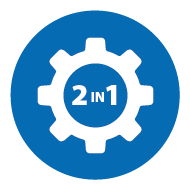 Icon: Cog with 2 in 1 text on blue background