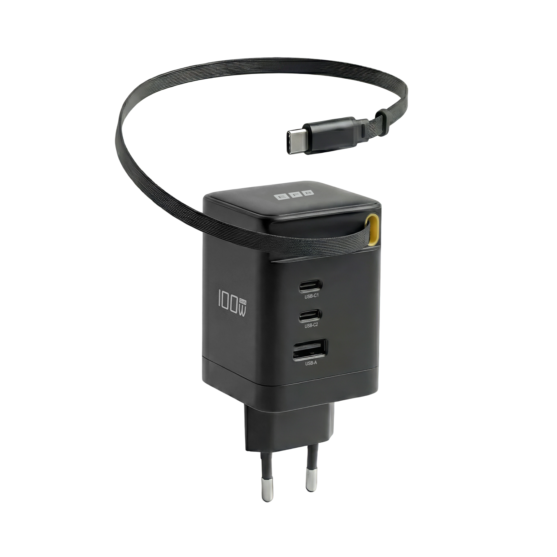 Ladegerät 100W 2xUSB-C+USB-A PD3.0 GaN QC3.0 USB-C Kabel ausziehbar 0,7m schwarz