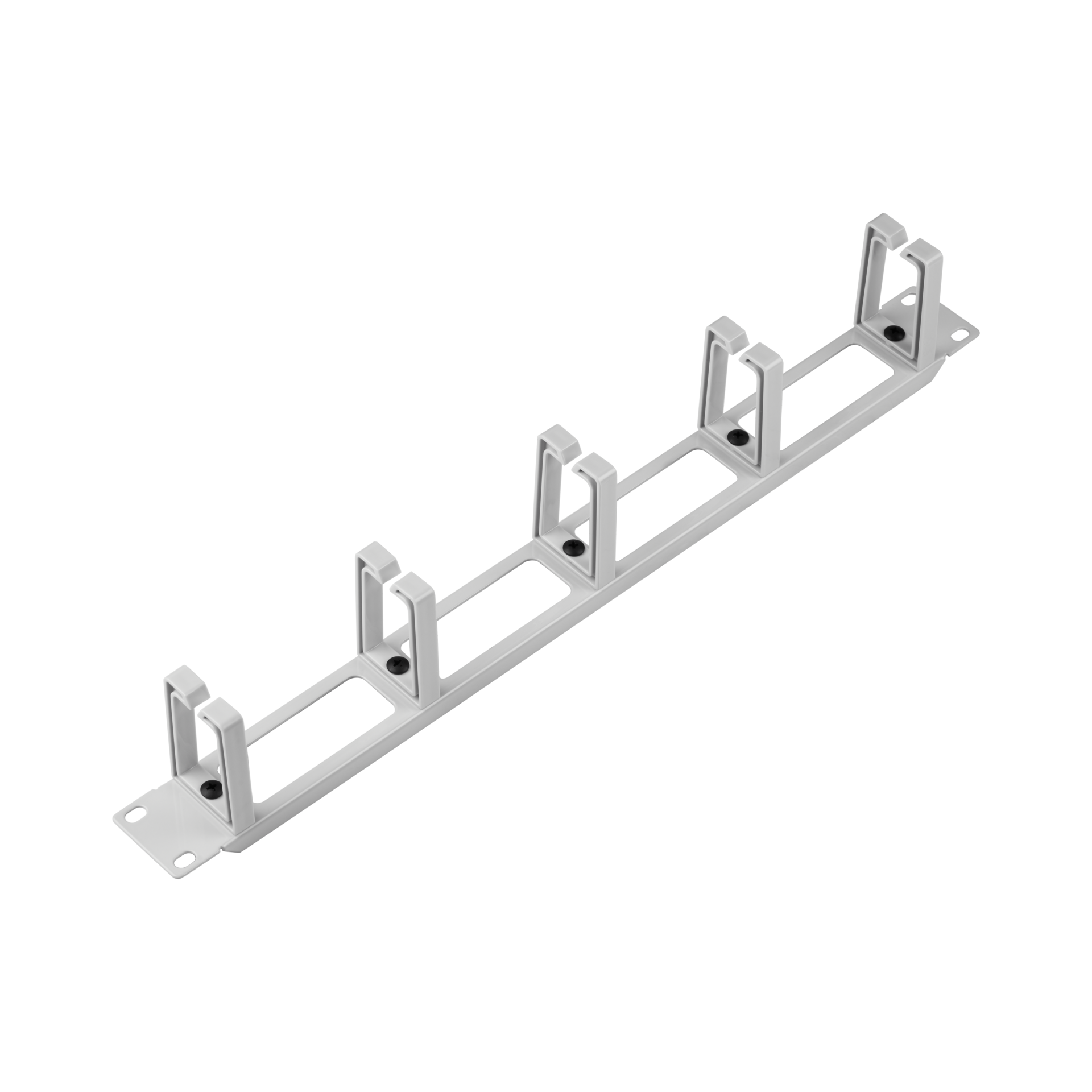 19" 1HE Kabelführungspanel, mit 4 Durchführungen,5 Kunststoffbügel RAL7035