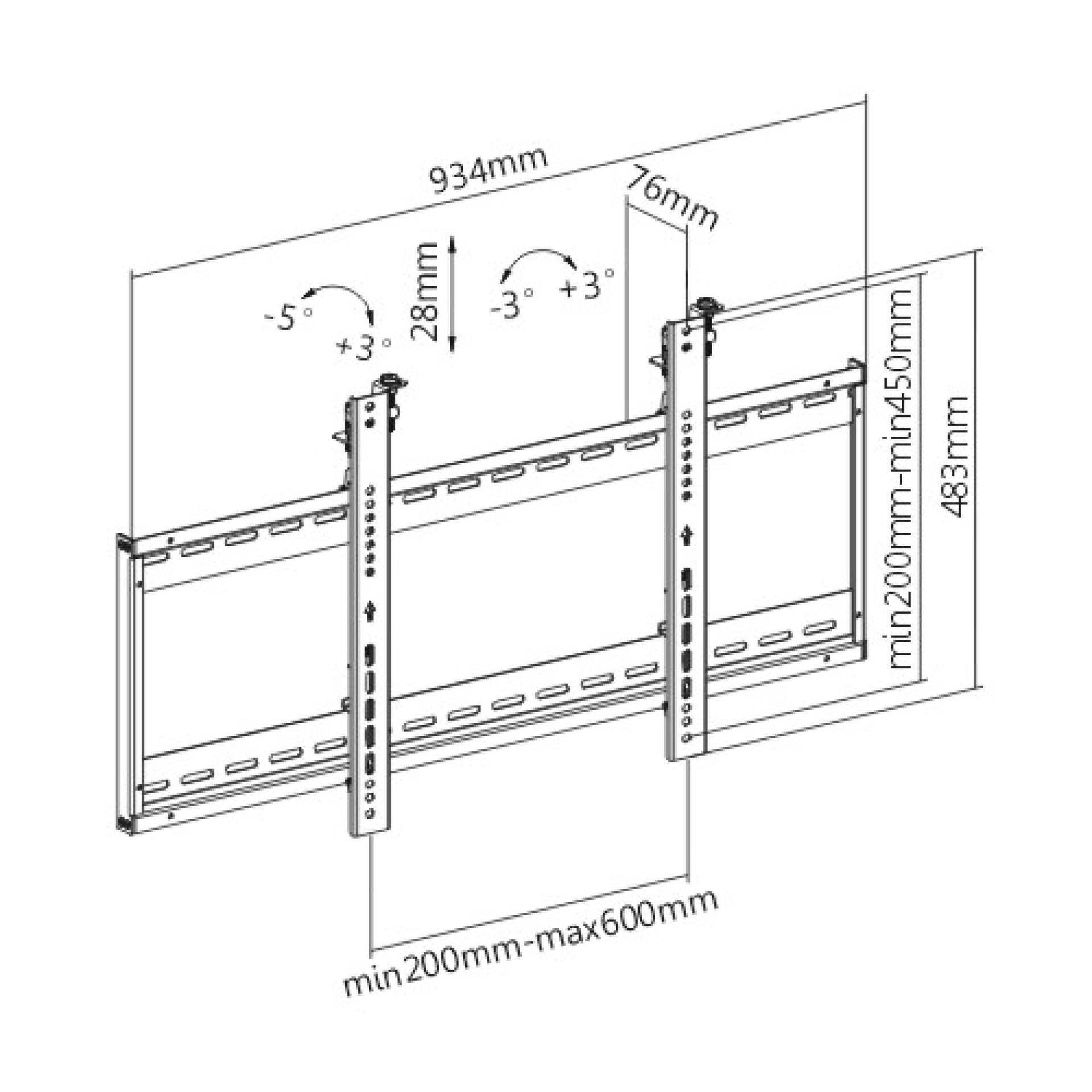 Wandhalterung für 1 LCD TV LED 45"-70", 76mm Wandabstand, neigbar, Schwarz