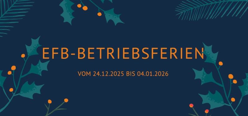 EFB Betriebsferien Hinweis 2025/2026 mit weihnachtlicher Illustration auf dunkelblauem Hintergrund