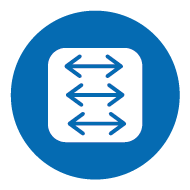 Icon: Drei Pfeile nach links und drei Pfeile nach rechts auf blauem Hintergrund – Symbol für maximale Flexibilität und Verstellbarkeit bei der Installation.
