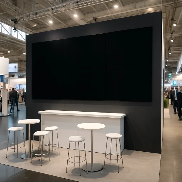 Moderner Messestand mit großem Monitor-Display, Tresen und Stehtischen – Präsentationsfläche für digitale Lösungen auf Fachmessen