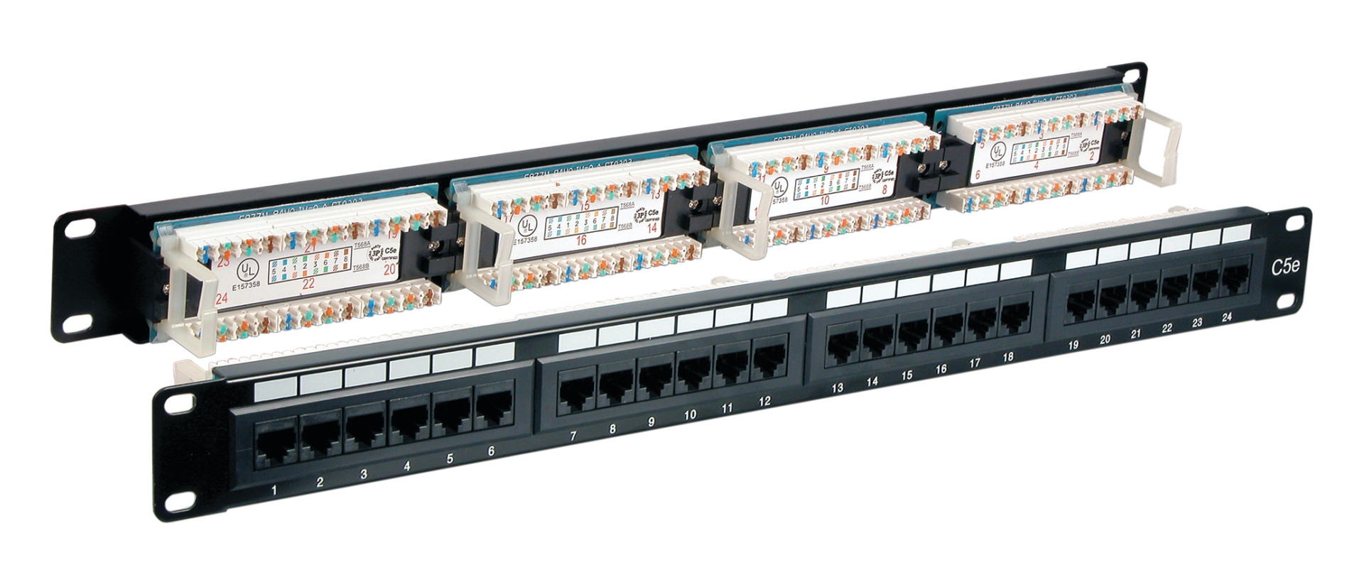 Patchpanel UTP 24xRJ45 Cat.6, 19“ 1HE, ,180°, RAL9005 schwarz