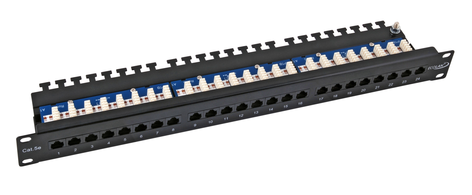 ECOLAN® Patchpanel UTP 24xRJ45 Cat.5e,,19“ 1HE, RAL9005 schwarz