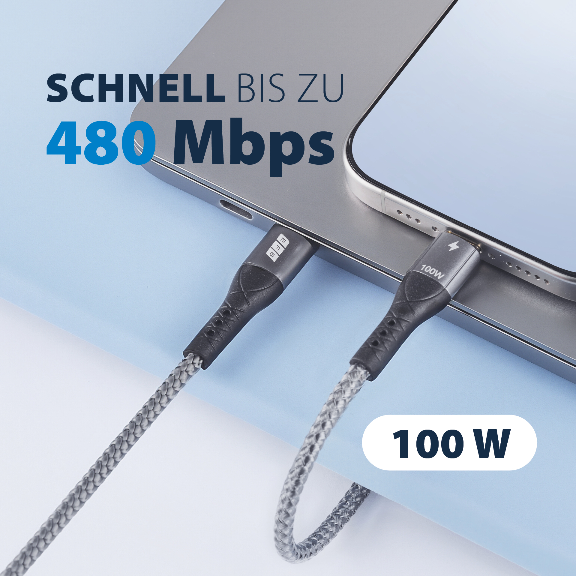 USB-C Kabel 100W PD 3.0 5A E-Marker Chip 1m grau Goldkontakte Textilmantel
