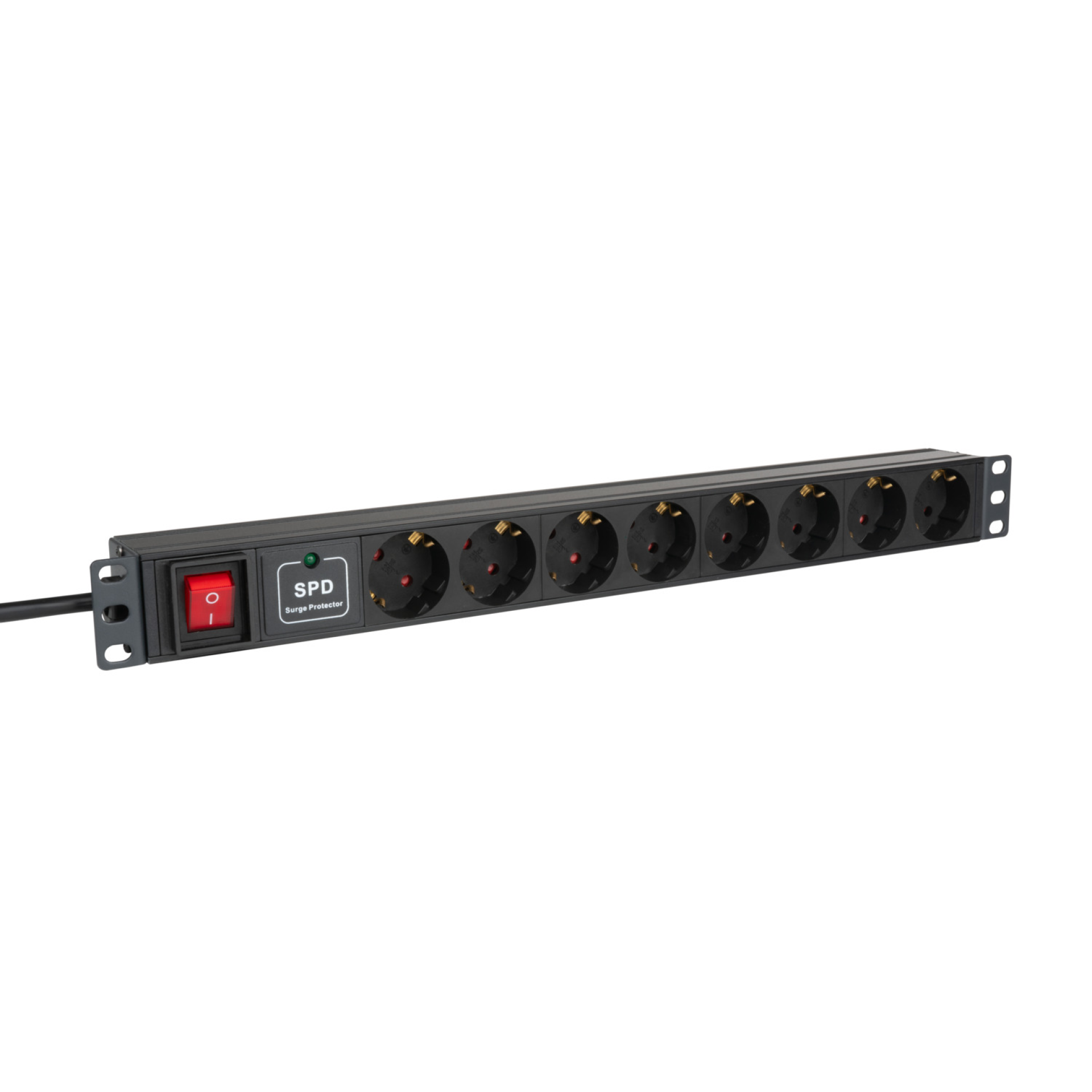 19“ 1HE Steckdosenleiste 8 x CEE 7/3 mit ÜSS + Schalter, im Aluprofil, schwarz