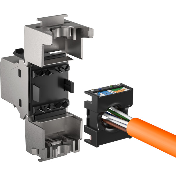 Offenes RJ45 Keystone-Modul E-20070 mit Kabel und internen Bauteilen für exakte Netzwerkverkabelung in professionellen IT-Infrastrukturen