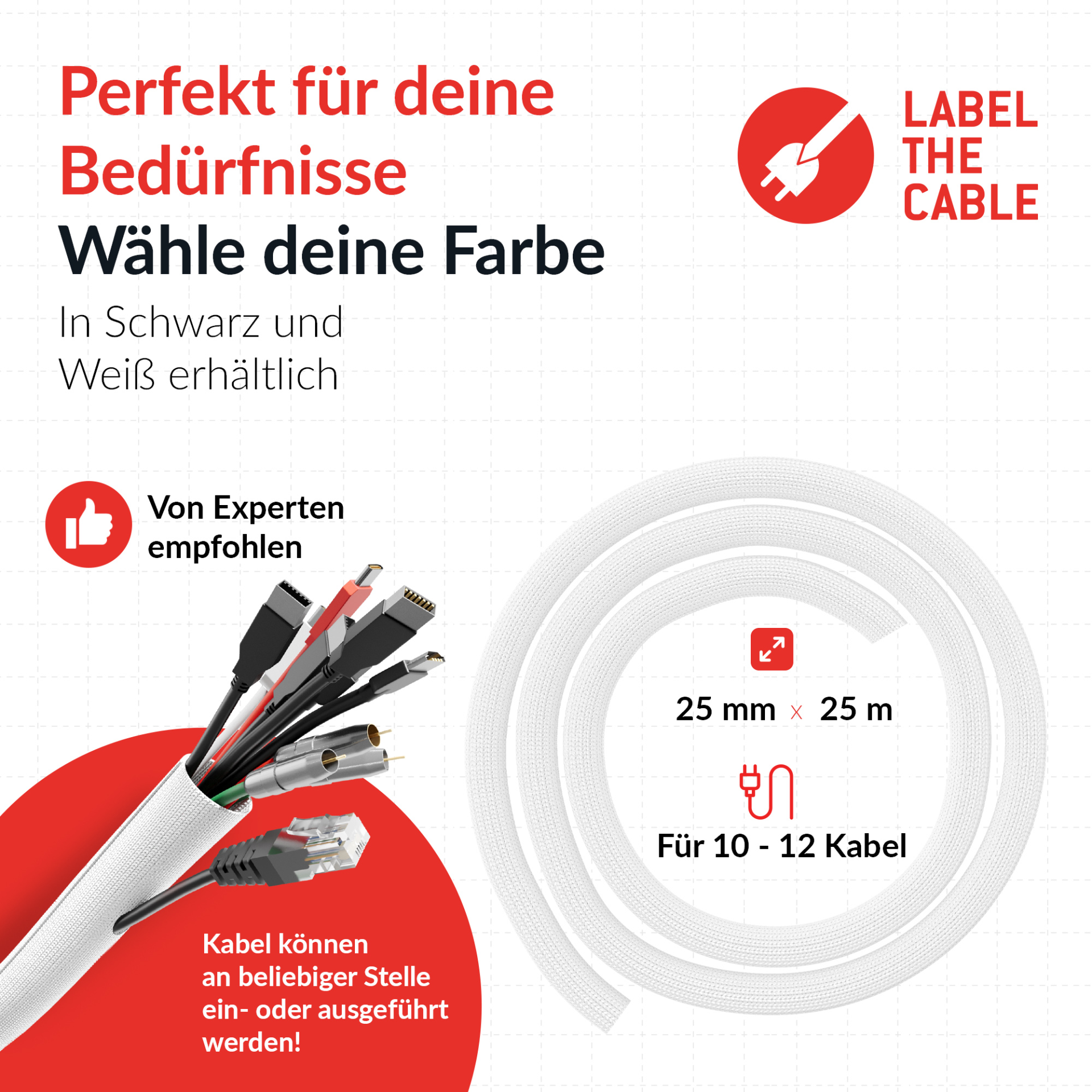 LTC CABLE TUBE Gewebekabelschlauch,Durchmesser 2.5 - 4 cm 25m weiß