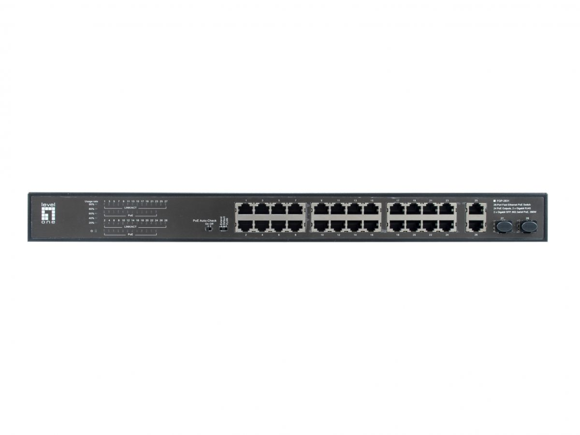 28-Port-Fast Ethernet-PoE-Switch, 24xPoE-Ports 2xGigabit RJ45 2xGigabit SFP